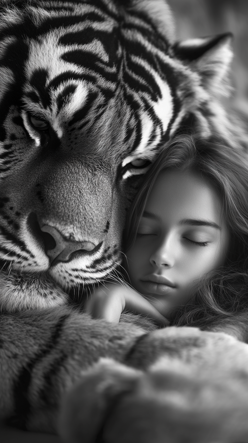 Detail-rich monochrome portrait of girl with tiger, protector.