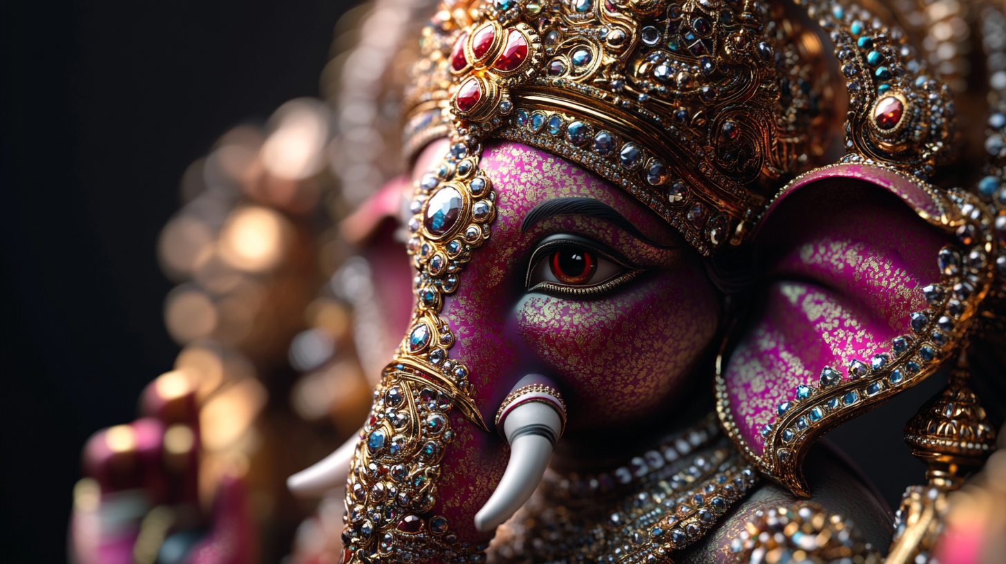 Detail-rich red ruby Ganpati idol in 8k resolution.