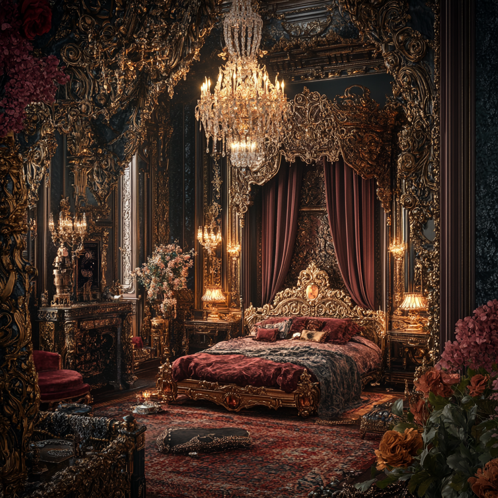 Detailed, dreamlike scene in luxurious room with deep desires.