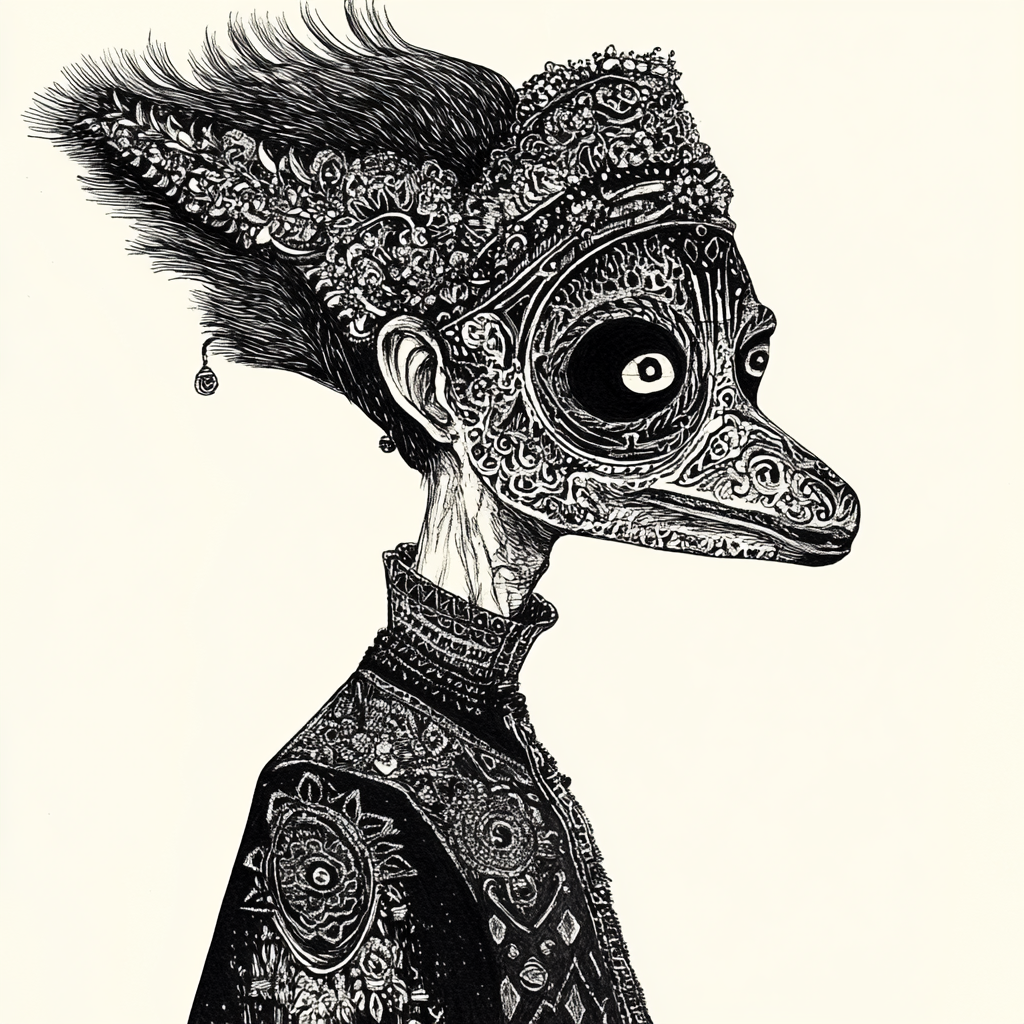 Detailed, eerie Edward Gorey-style shadow puppet illustration