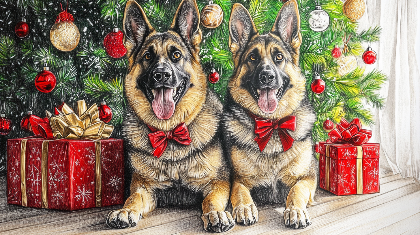 Detailed, hand-drawn picture of two happy dogs.