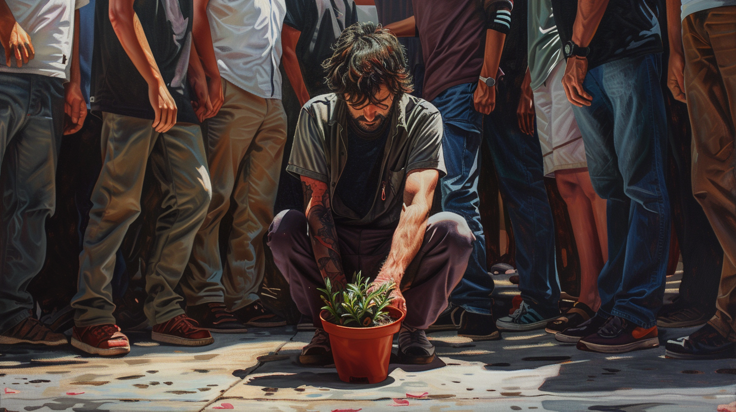 Detailed, photorealistic portrait of man looking at empty pot.