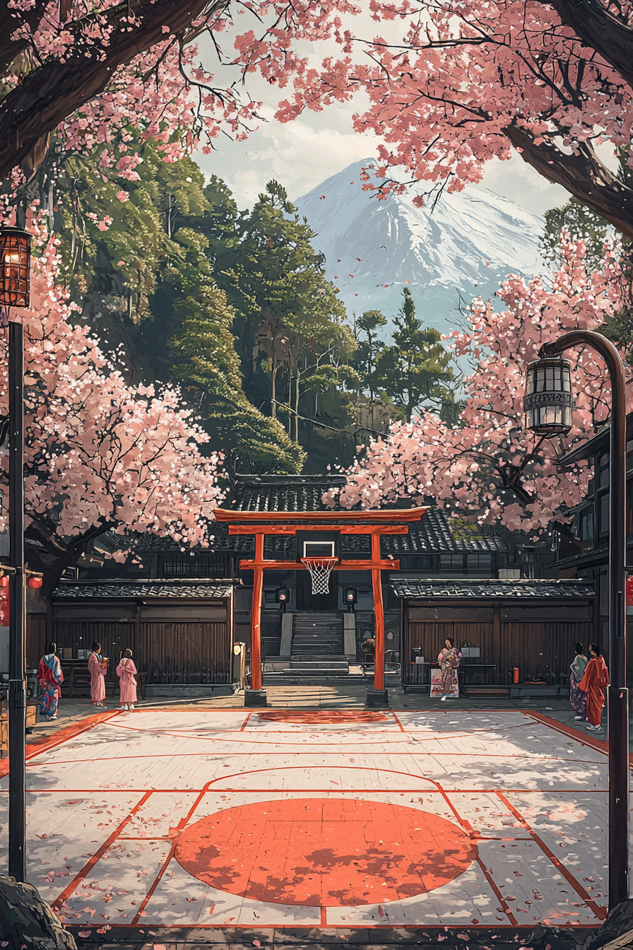 Detailed, realistic tatami basketball court with cherry blossom trees.