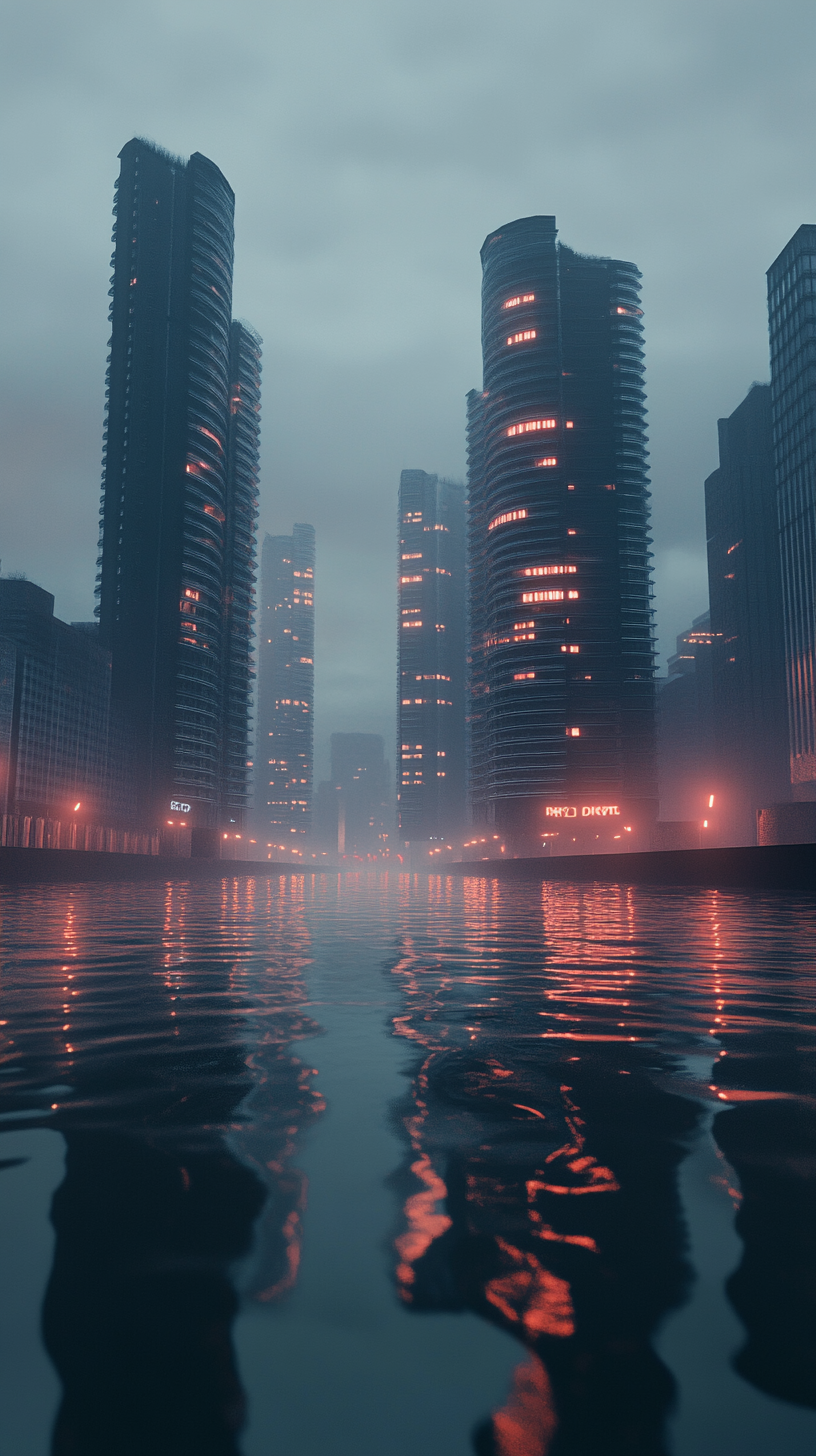 Detailed, reflective, dystopian waterfront at night in 8K.