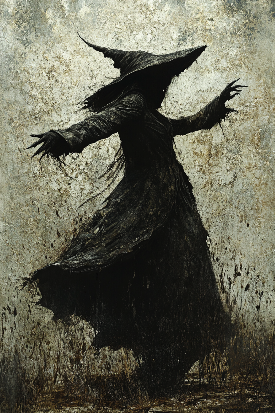 Detailed, scary female witch portrait in dark style illustration.