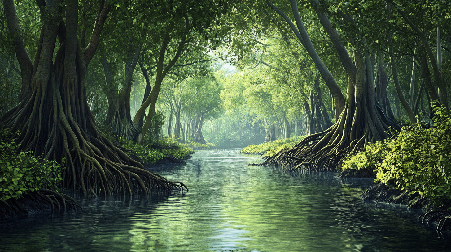 Detailed 18th century mangrove forest illustration in 16:9 ratio.