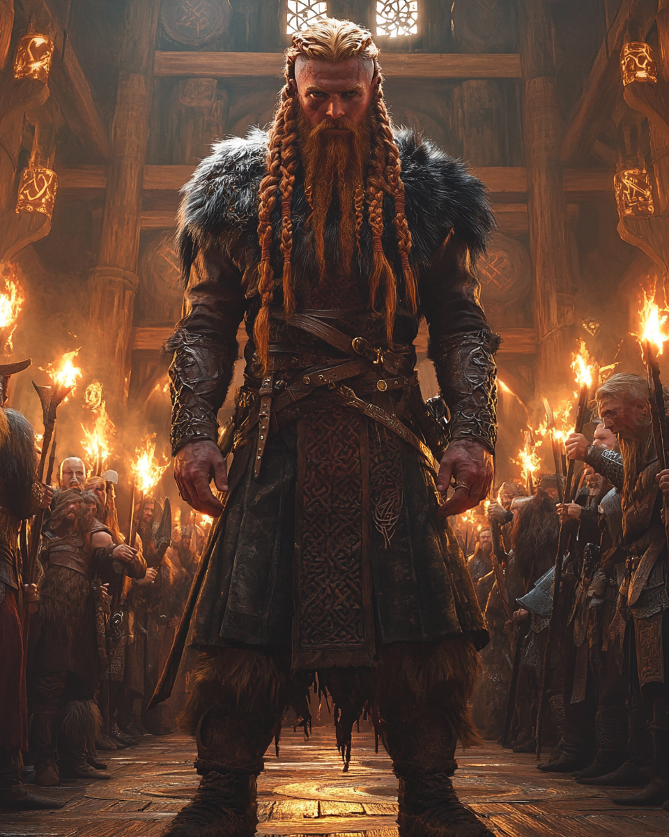 Detailed 35mm photorealistic face view of tall Viking.