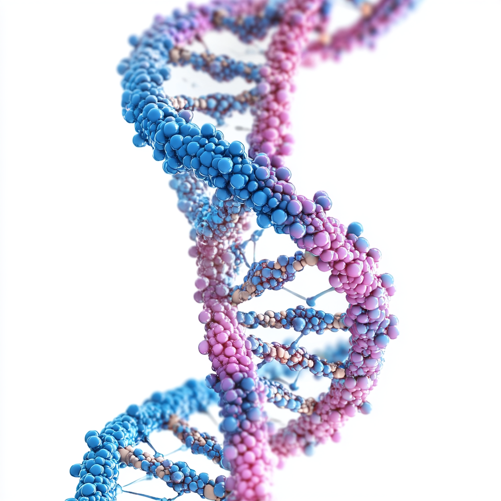 Detailed 3D DNA double helix structure on white background.