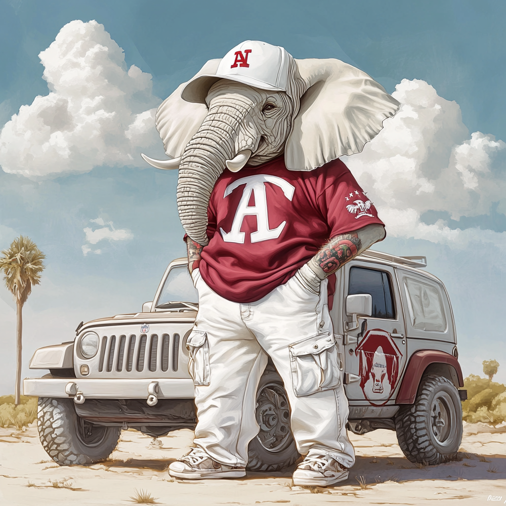 Detailed 3D illustration of Alabama Crimson Tide elephant caricature.