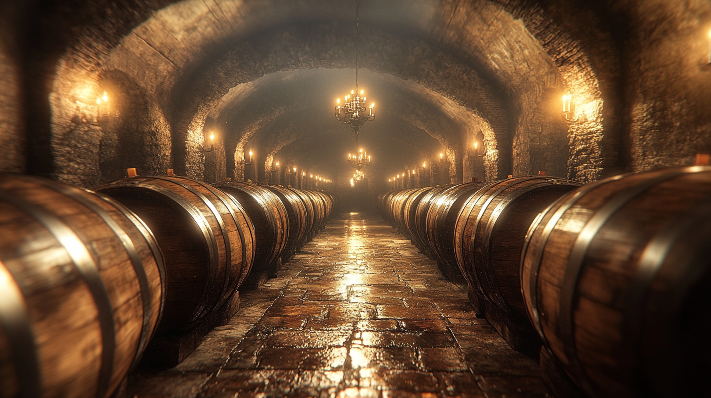 Detailed 8K photo of bourbon barrels in cellar.