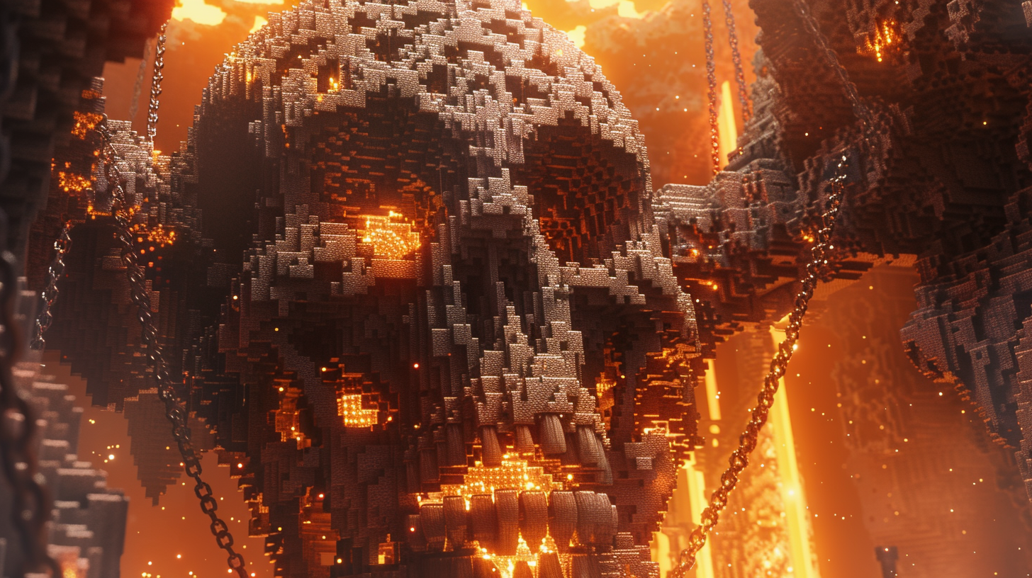 Detailed Balerion skull in Minecraft dungeon with fiery glowstones.