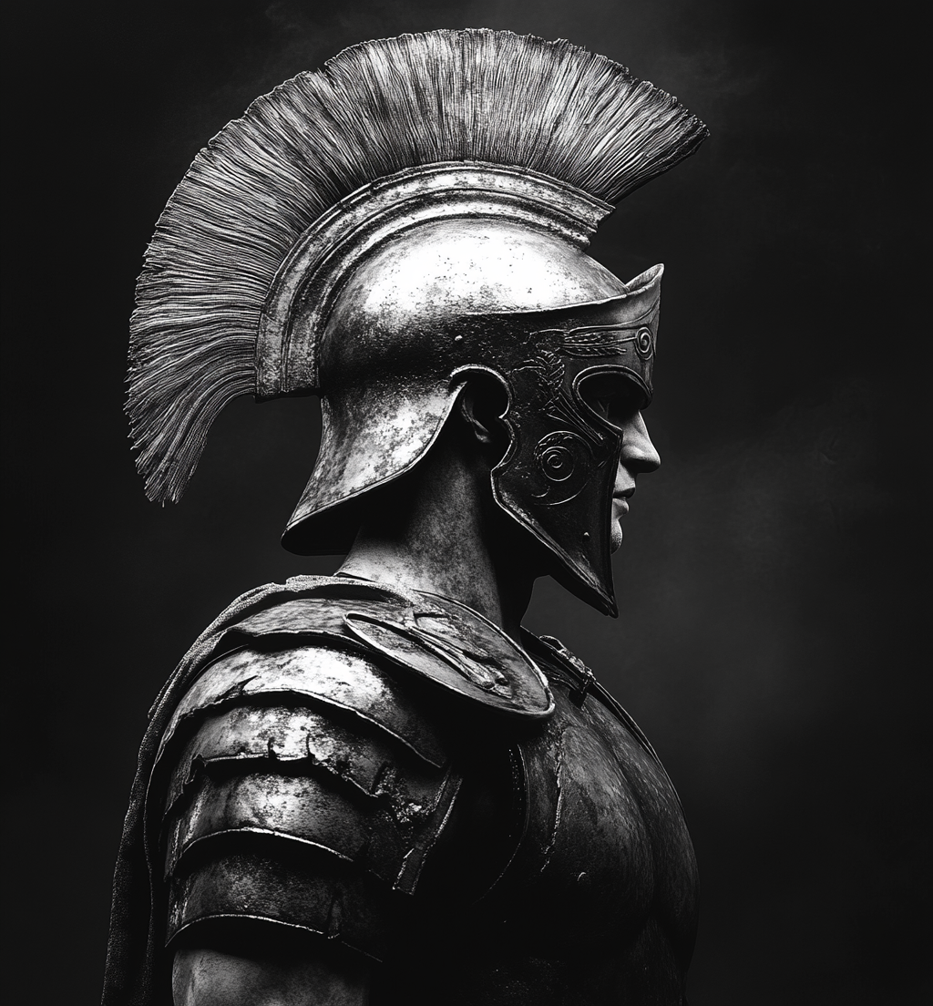 Detailed Black and White Ancient Greek Soldier Portrait