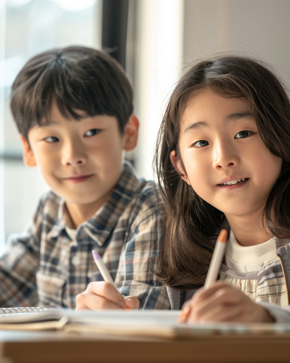 Detailed Close-Up of Korean Middle School Students Studying English