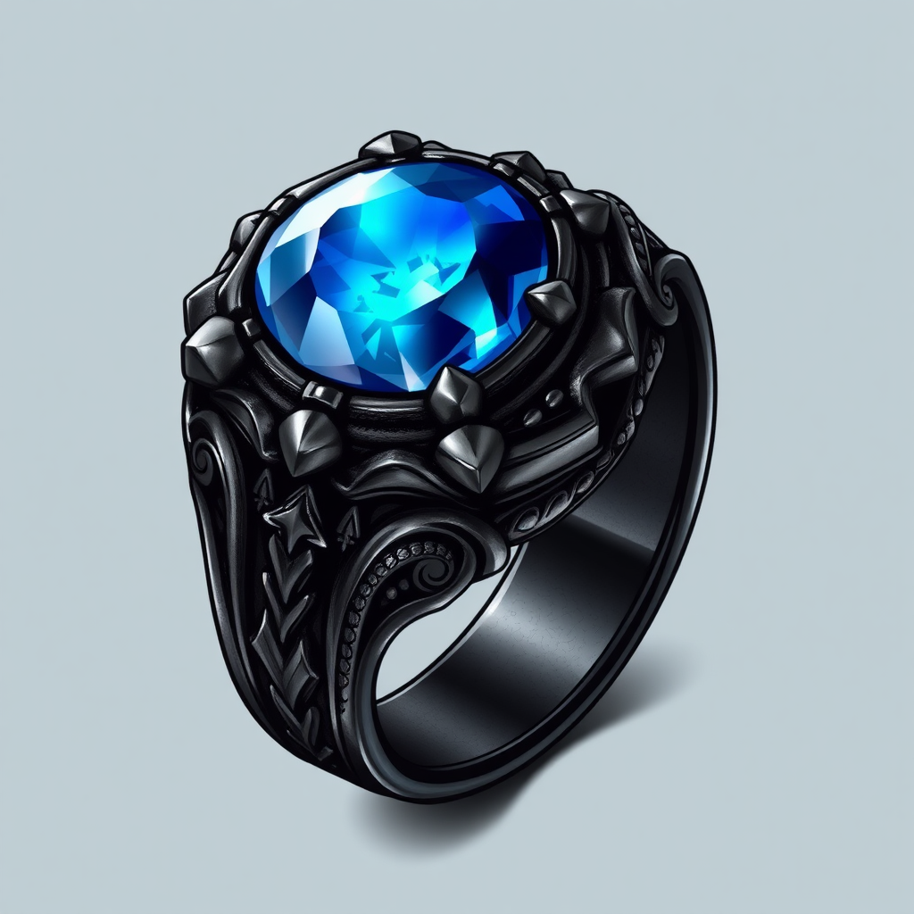 Detailed Dark Metal Ring with Blue Magic Stone