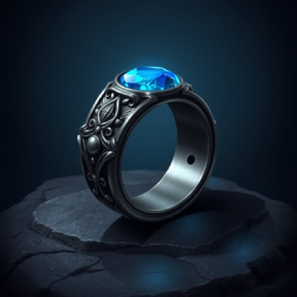 Detailed Dark Metal Ring with Blue Stone