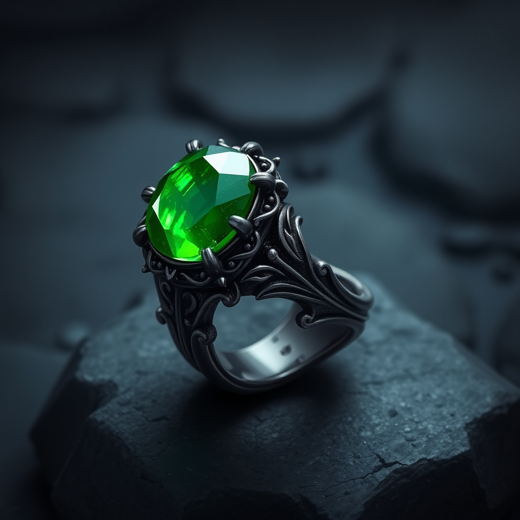 Detailed Dark Metal Ring with Green Magic Stone Sample AI Image