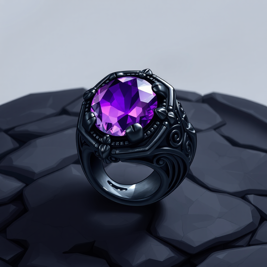 Detailed Dark Metal Ring with Purple Magic Stone and Dark Stone Ground