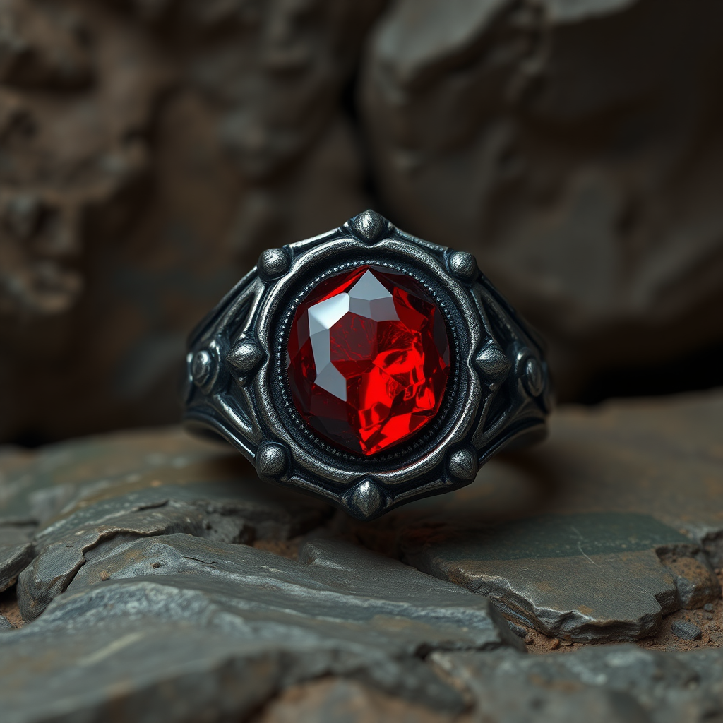 Detailed Dark Metal Ring with Red Magic Stone - V5.2