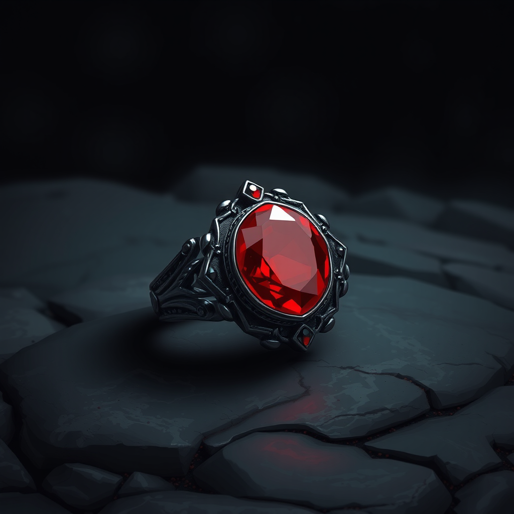 Detailed Dark Metal Ring with Red Magic Stone