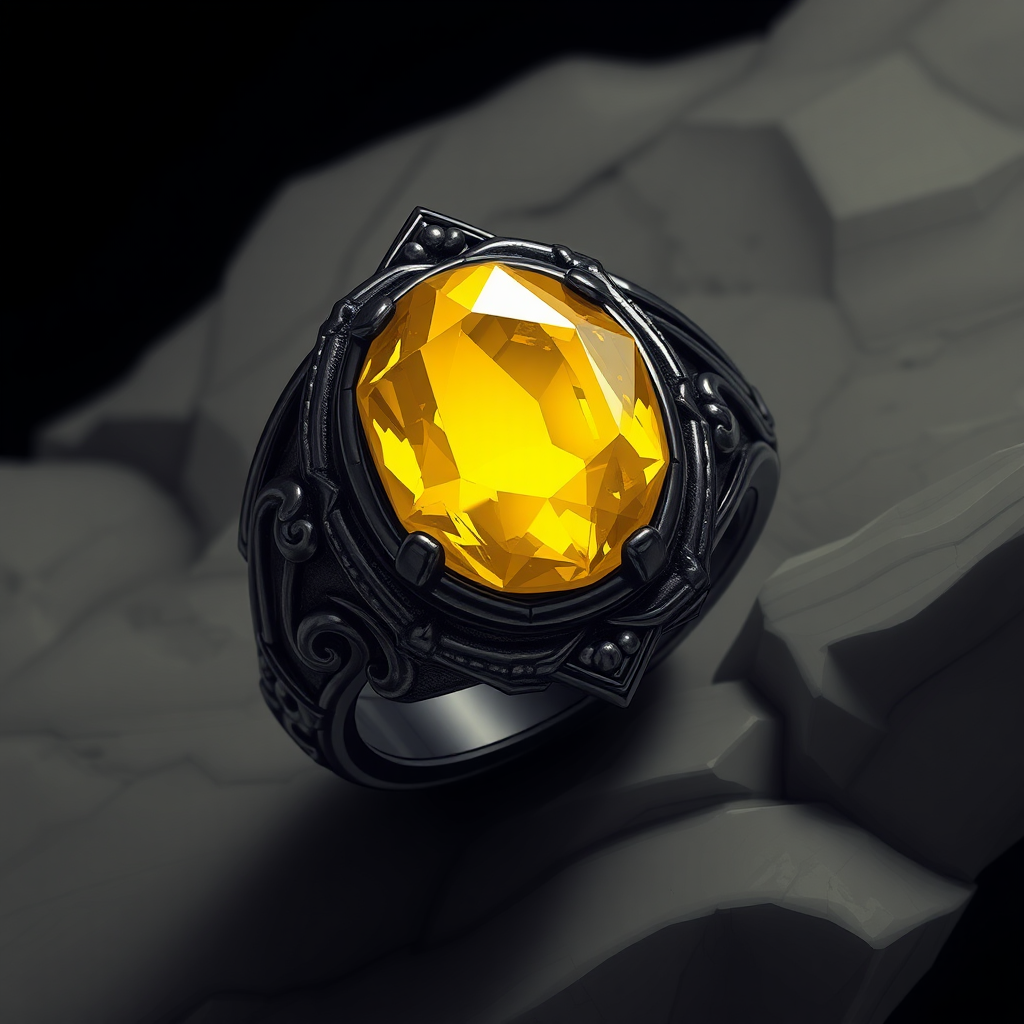 Detailed Dark Metal Ring with Yellow Stone