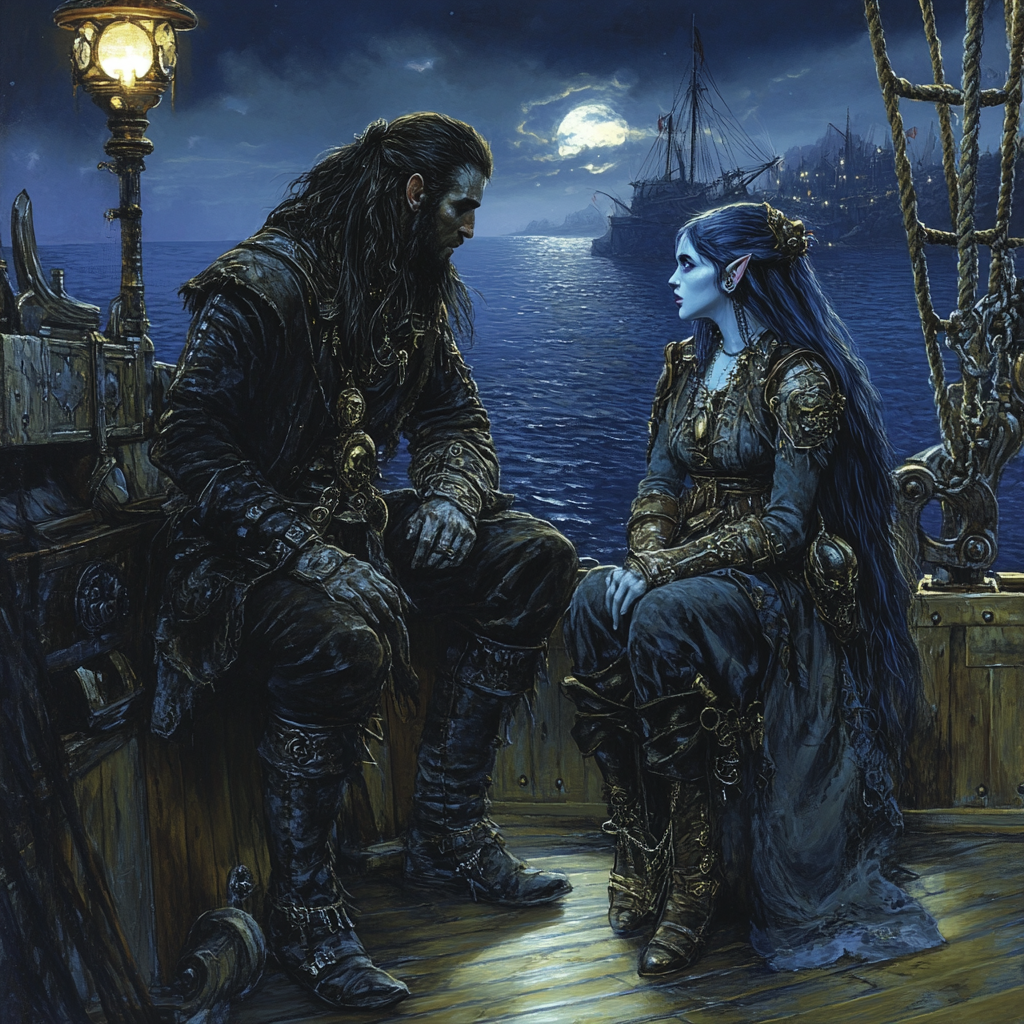 Detailed Gothic Alan Lee Style Image - Noble Male and Gnome on Elegant Ship