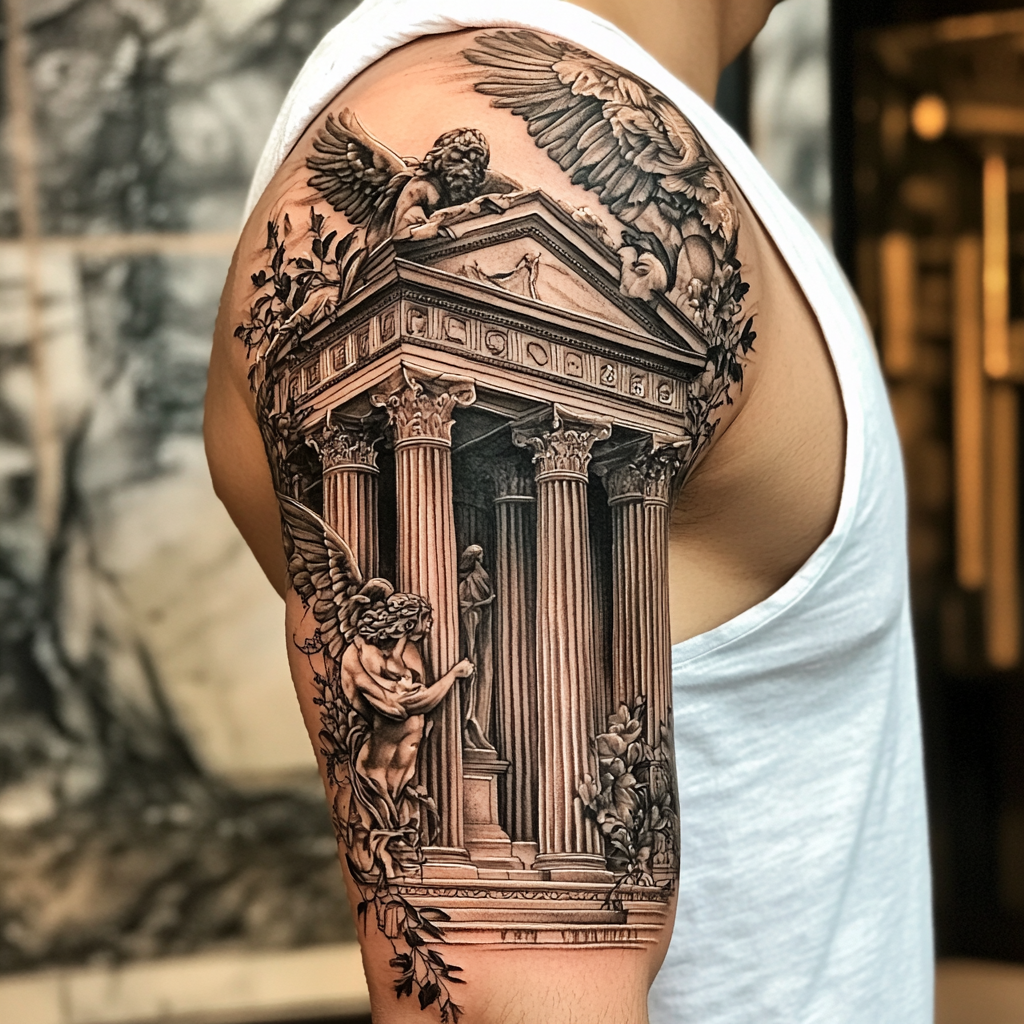 Detailed Greek church tattoo: Columns, gargoyle, angel, symbolism.