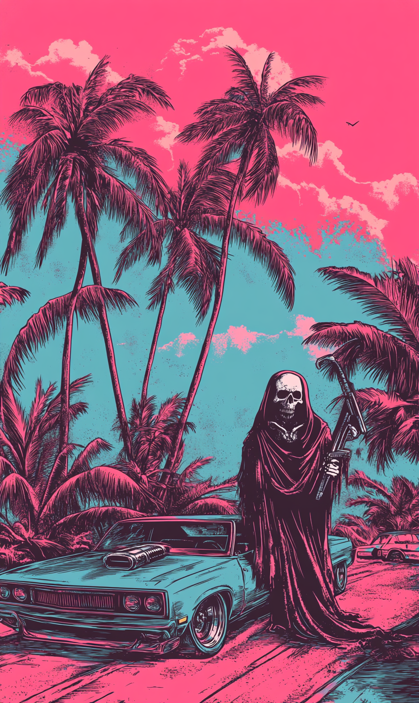 Detailed Illustration: Grim Reaper, Low Rider Cars, California Vibes