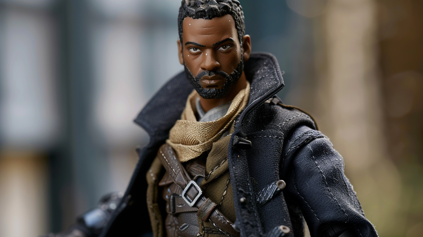 Detailed Mattel action figure: Medium-dark skin tone, muscular build.