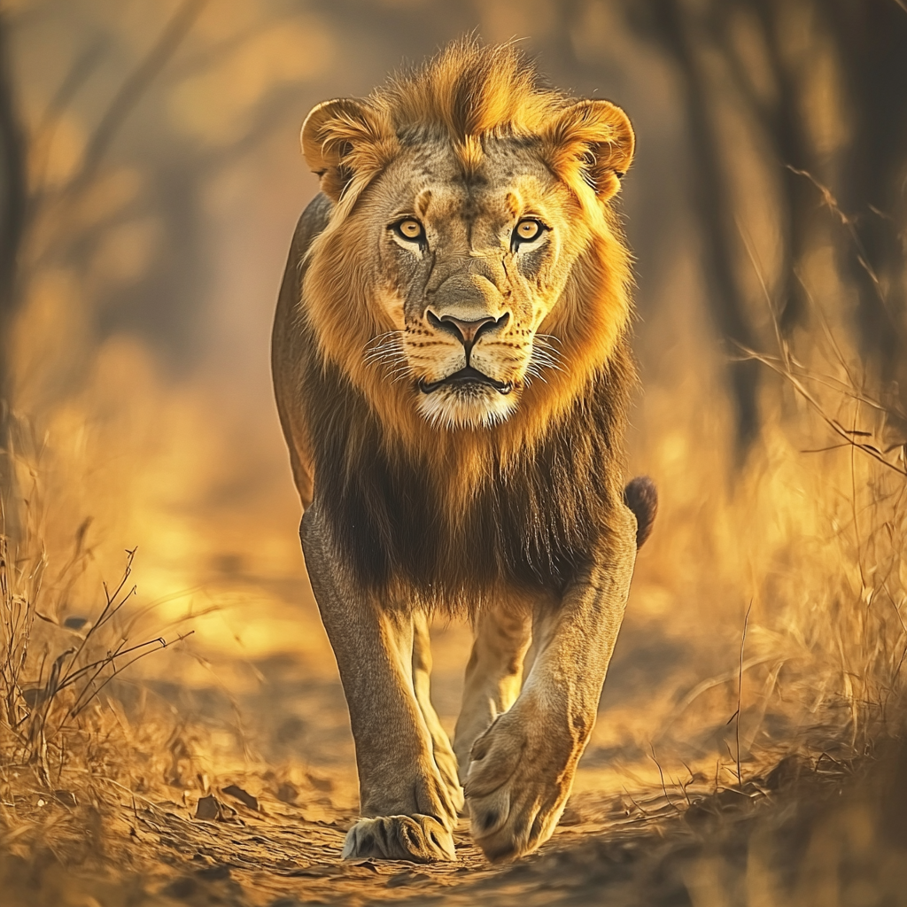 Detailed Painting of Majestic Asiatic Lion in Gir Forest