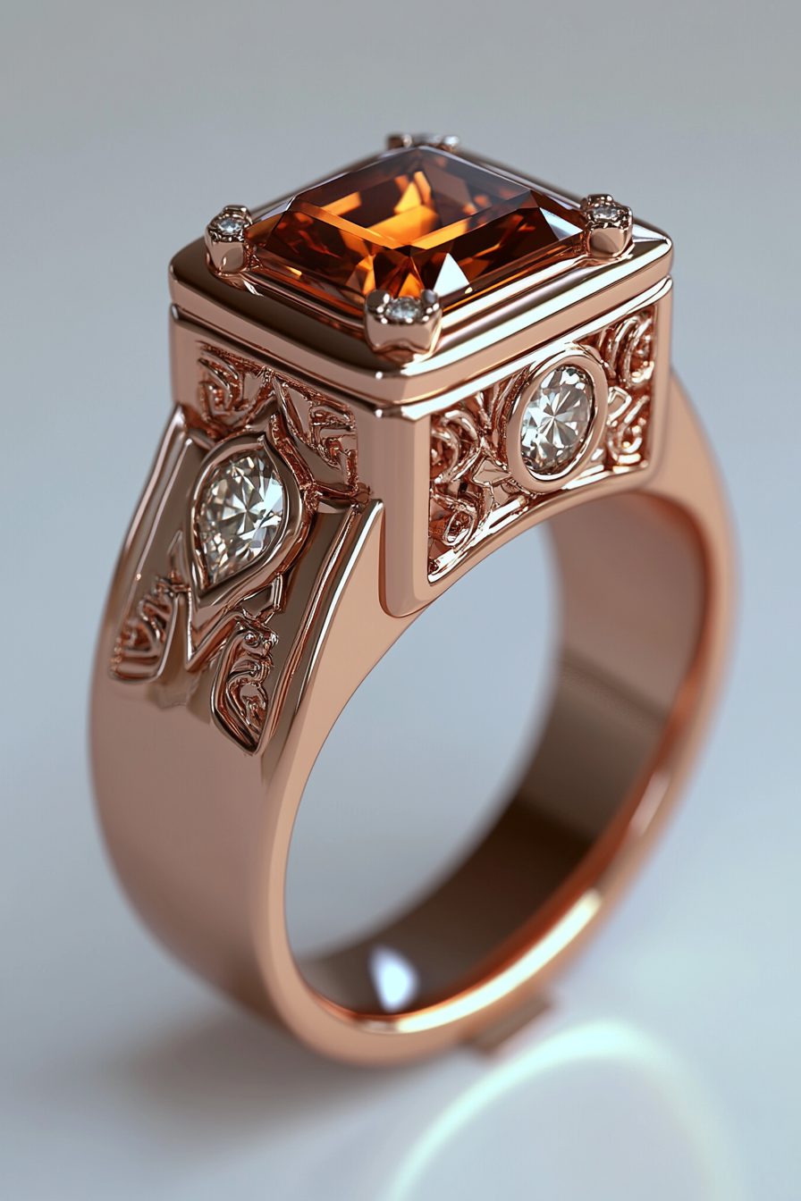 Detailed Rose Gold Ring with Diamond Emblem