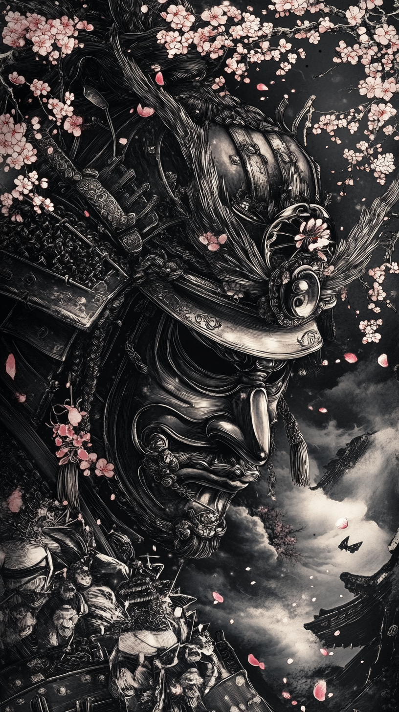 Detailed Samurai Hannya Mask Tattoo Design with Cherry Blossom Forearm Sleeve