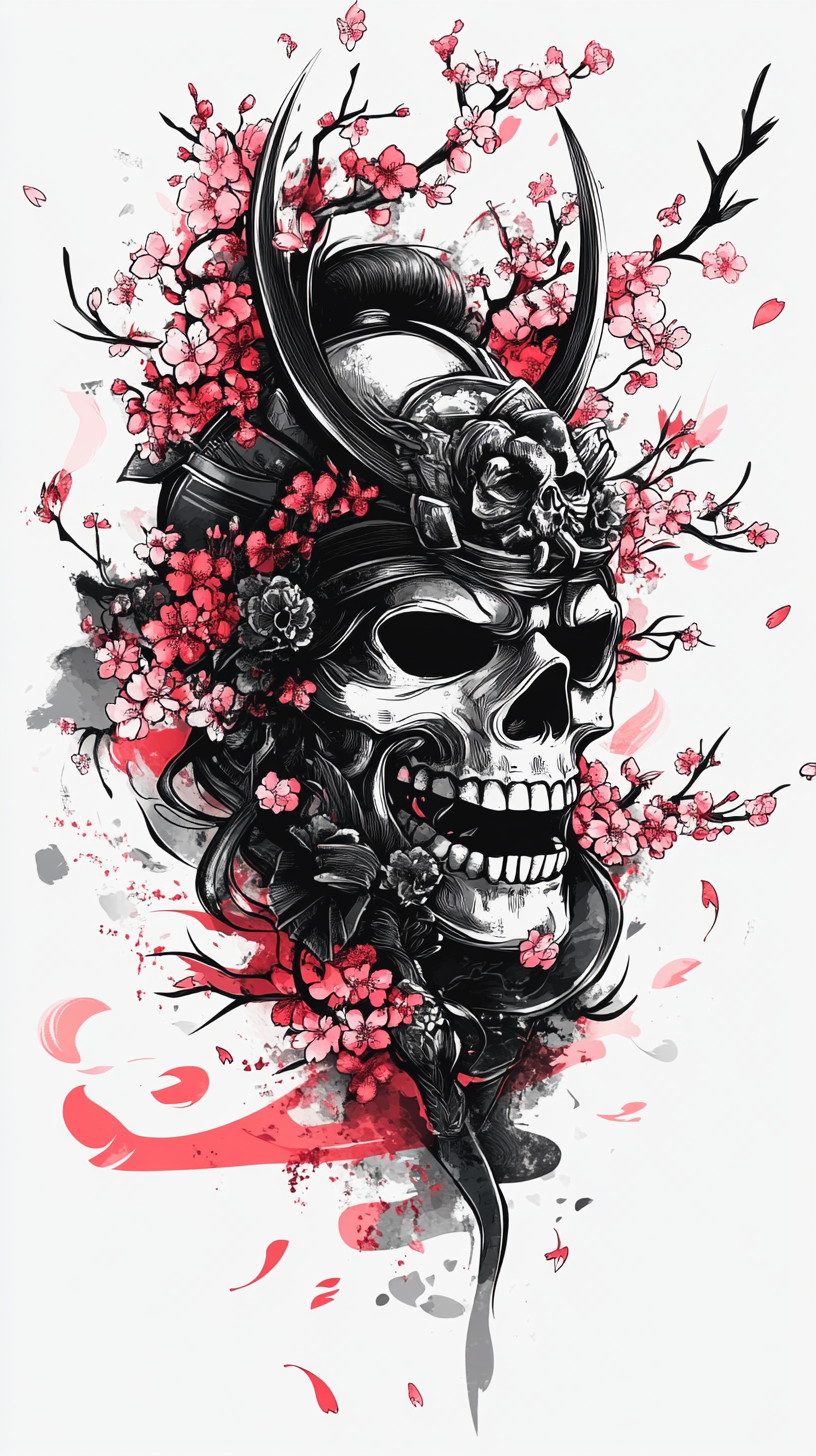 Detailed Samurai Hannya Mask Vector Outline with Skull