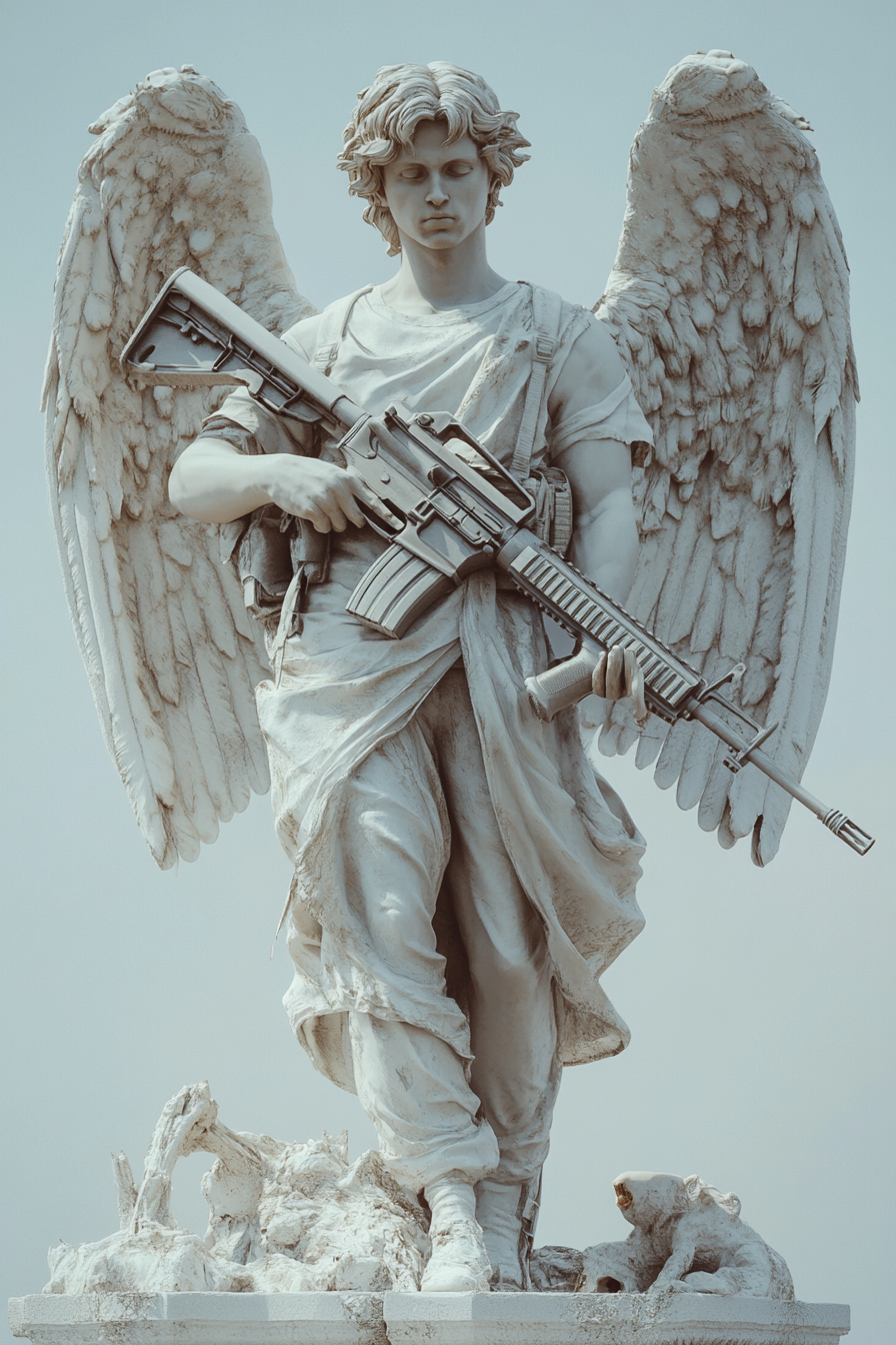 Detailed angel holding two ak-47s in simple background.