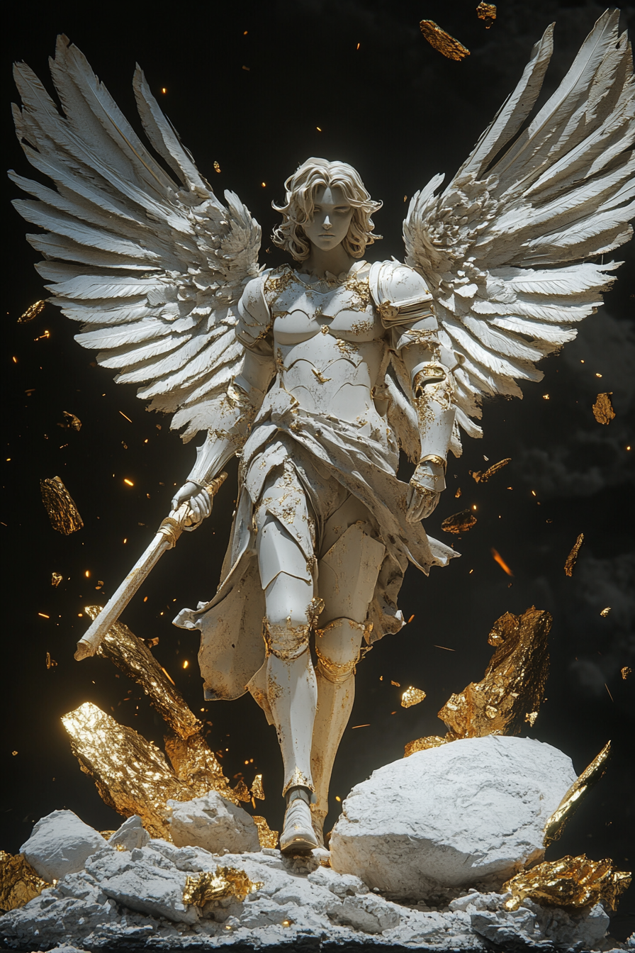 Detailed angel with weapons in hyper realistic 3D.