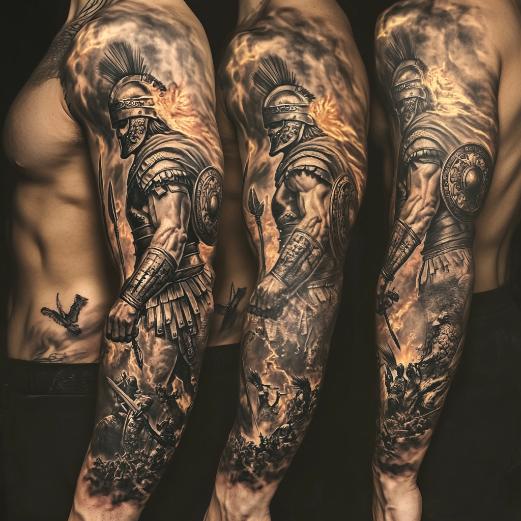 Detailed arm sleeve tattoo design inspired by Greek mythology.