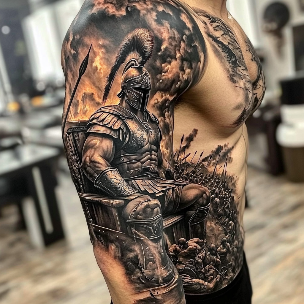 Detailed arm sleeve tattoo design with Greek mythology inspiration.