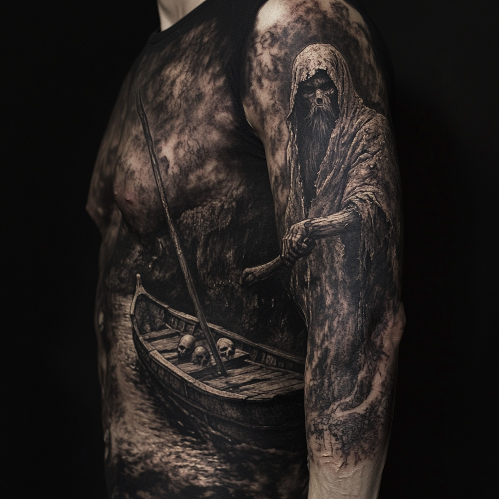 Detailed arm tattoo design of Charon, Greek ferryman of underworld.