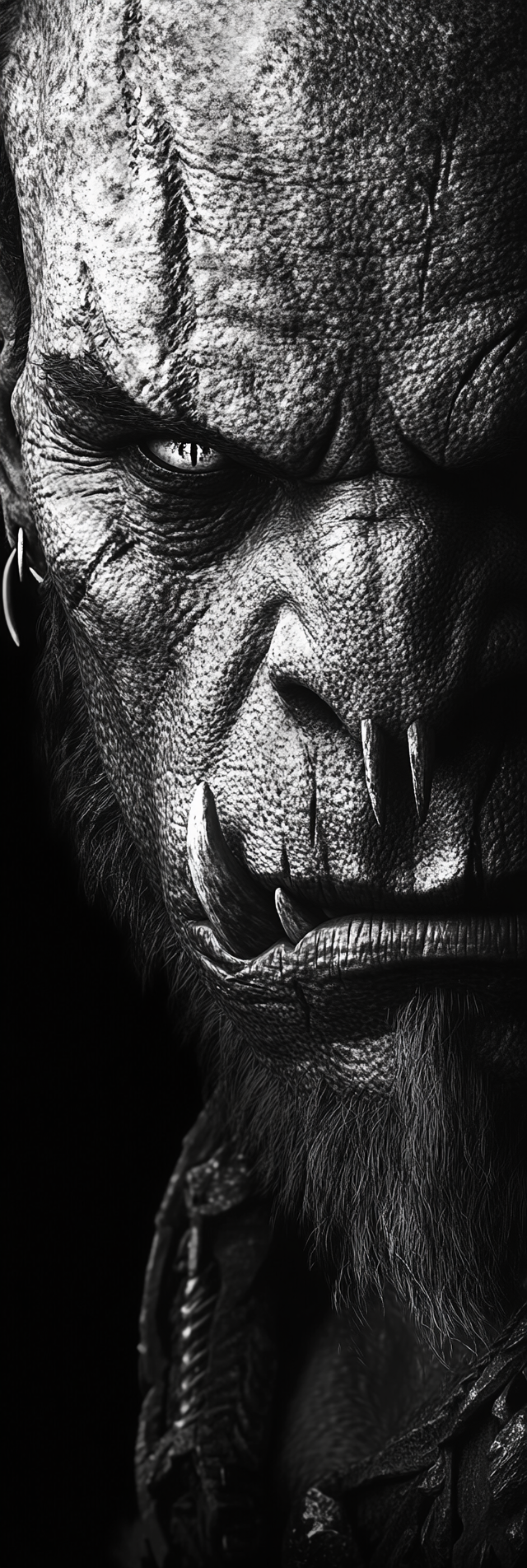 Detailed black and white close-up portrait of orc.