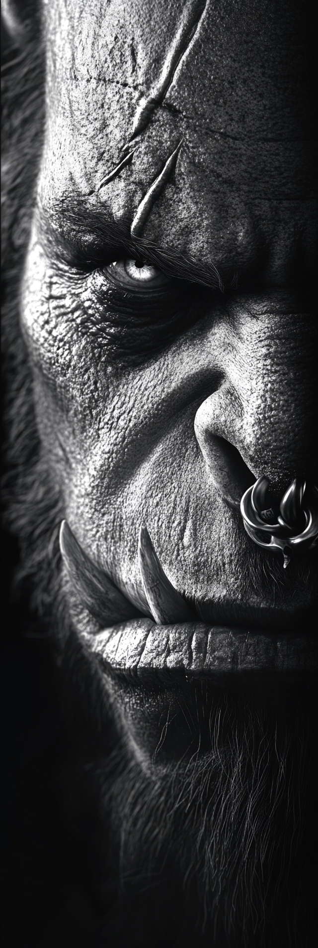 Detailed black and white orc portrait, inspired by Warcraft.