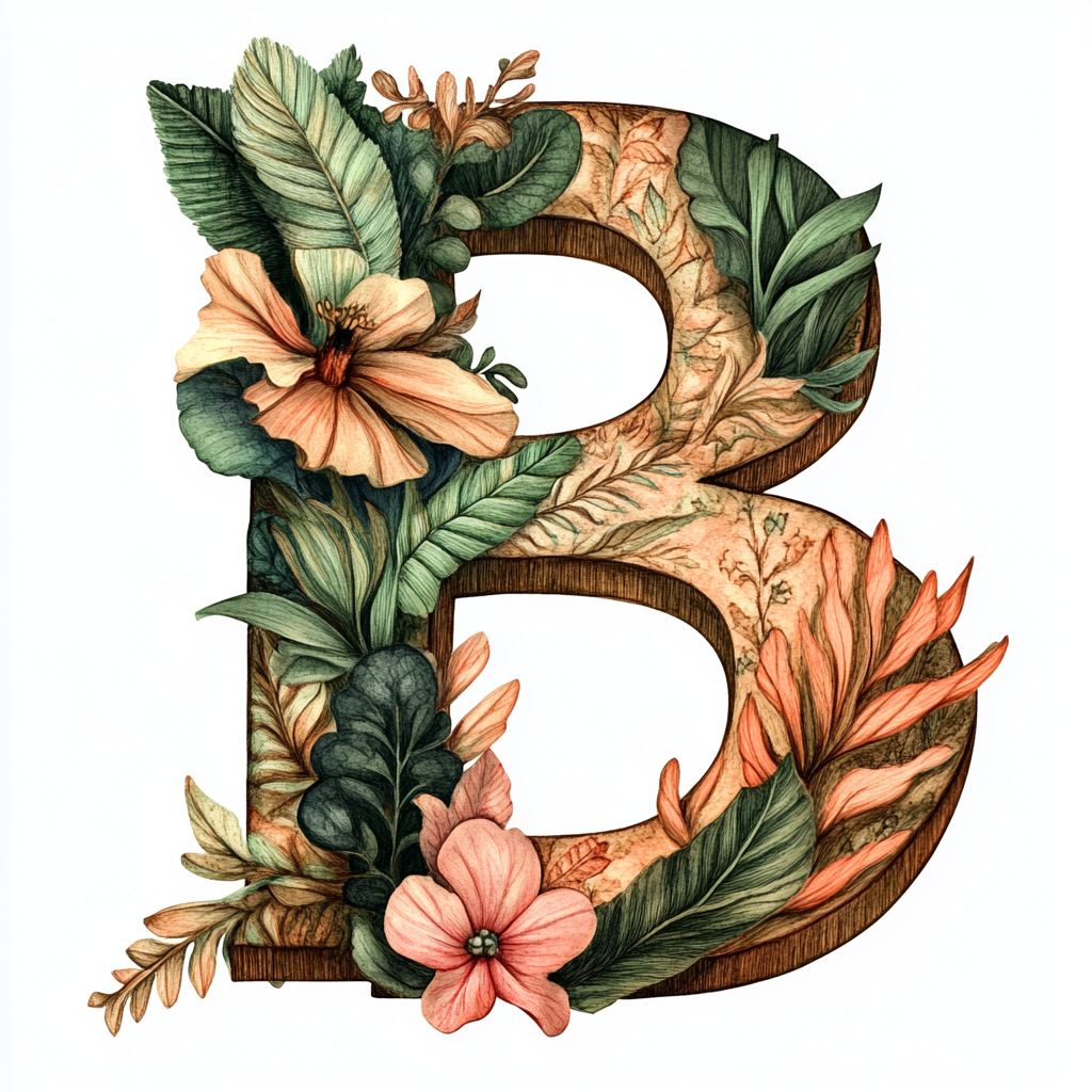 Detailed boho letter B icon with plants, fantasy digital painting.