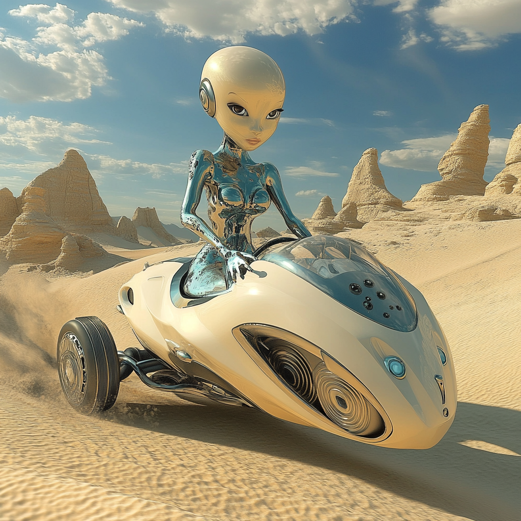 Detailed cartoon of stunning alien driving anti-gravity cruiser