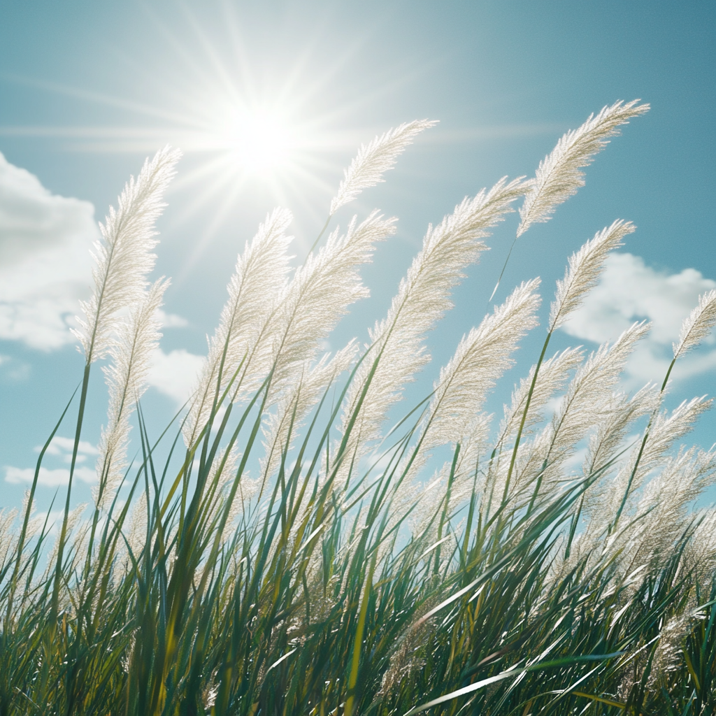 Detailed cinematic view of swaying grass in bright sunlight.