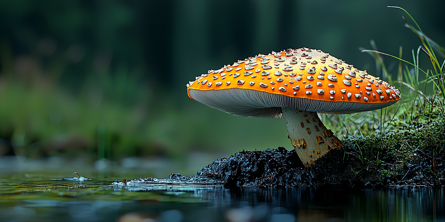 Detailed close up of a Fly agaric mushroom.