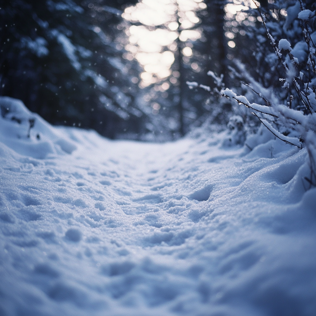 Detailed close up of snow covered path in forest.