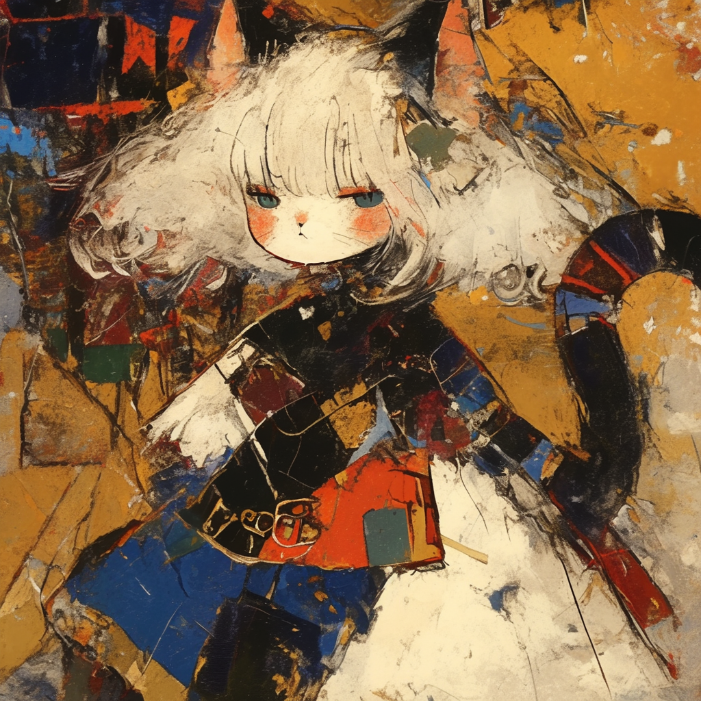 Detailed cubism, felt collage, cute cat girl toy.