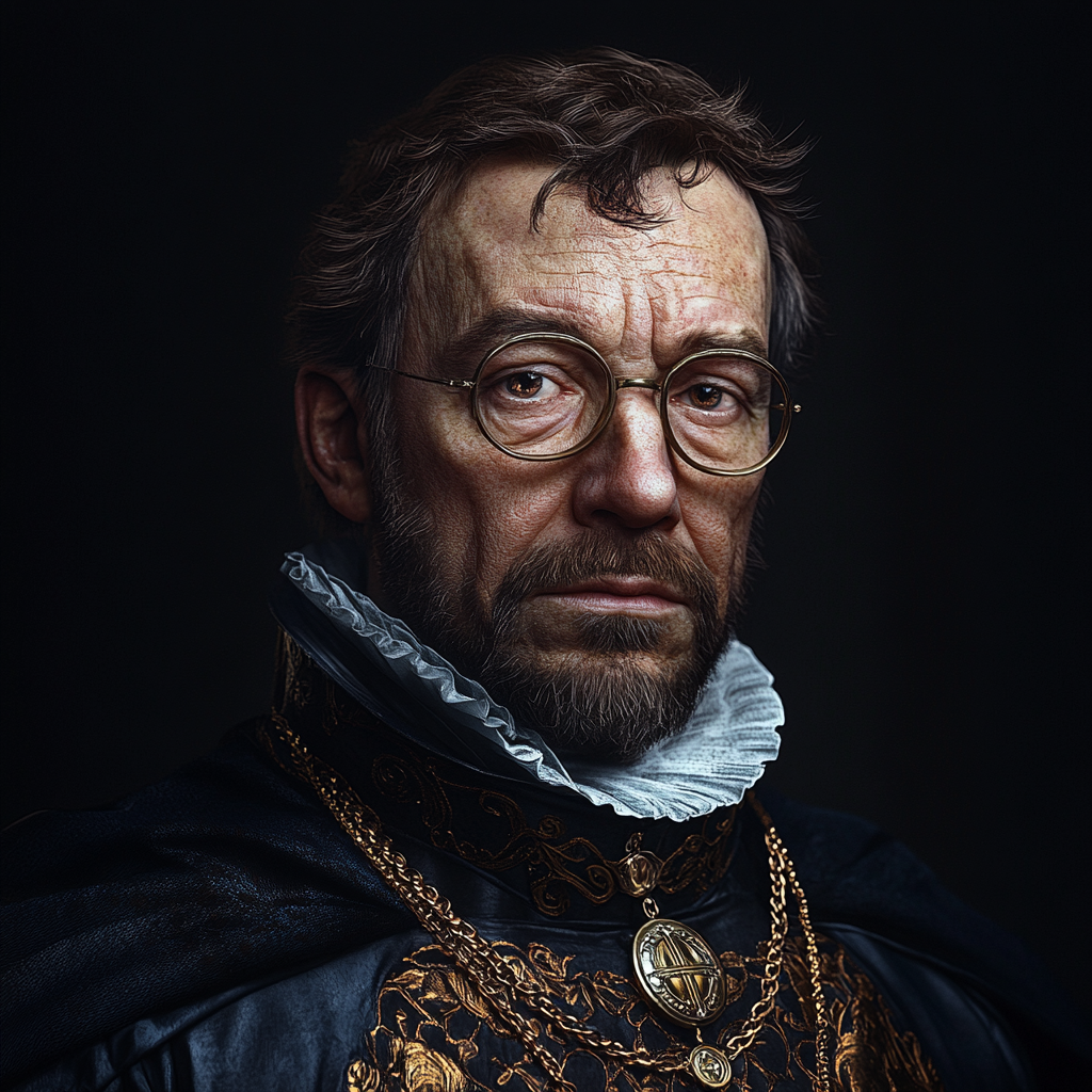 Detailed dark portrait on black background, medieval tavern owner.