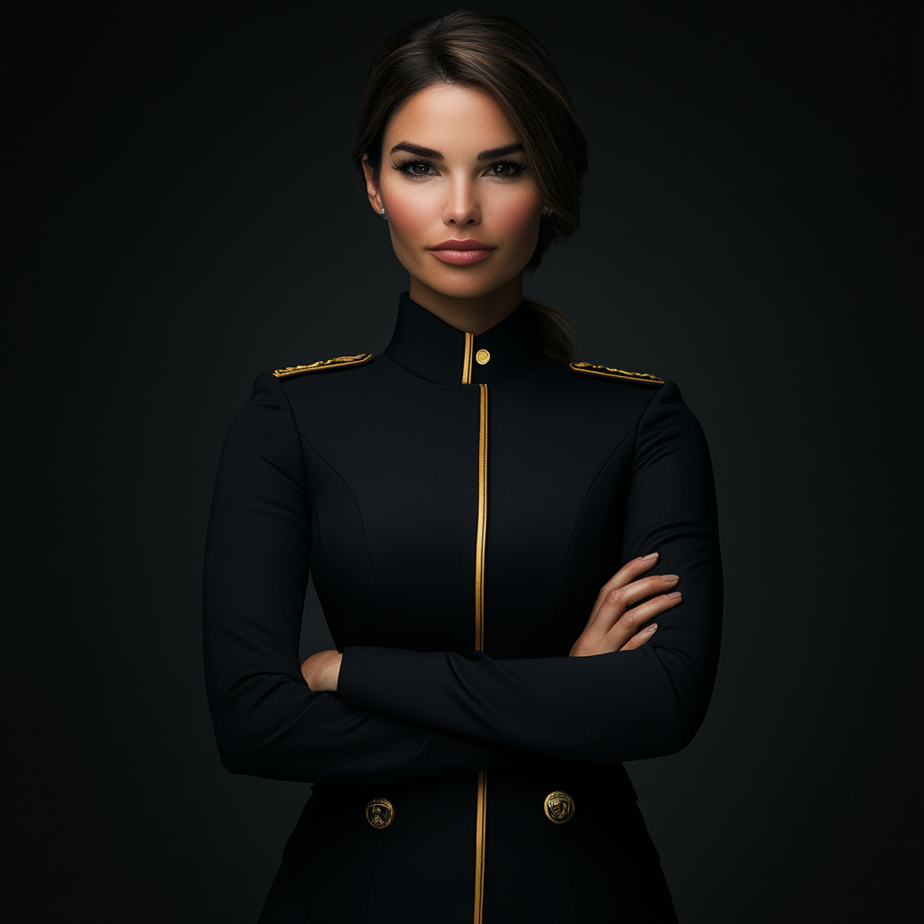 Detailed description photo realistic beautiful female flight attendant uniform.