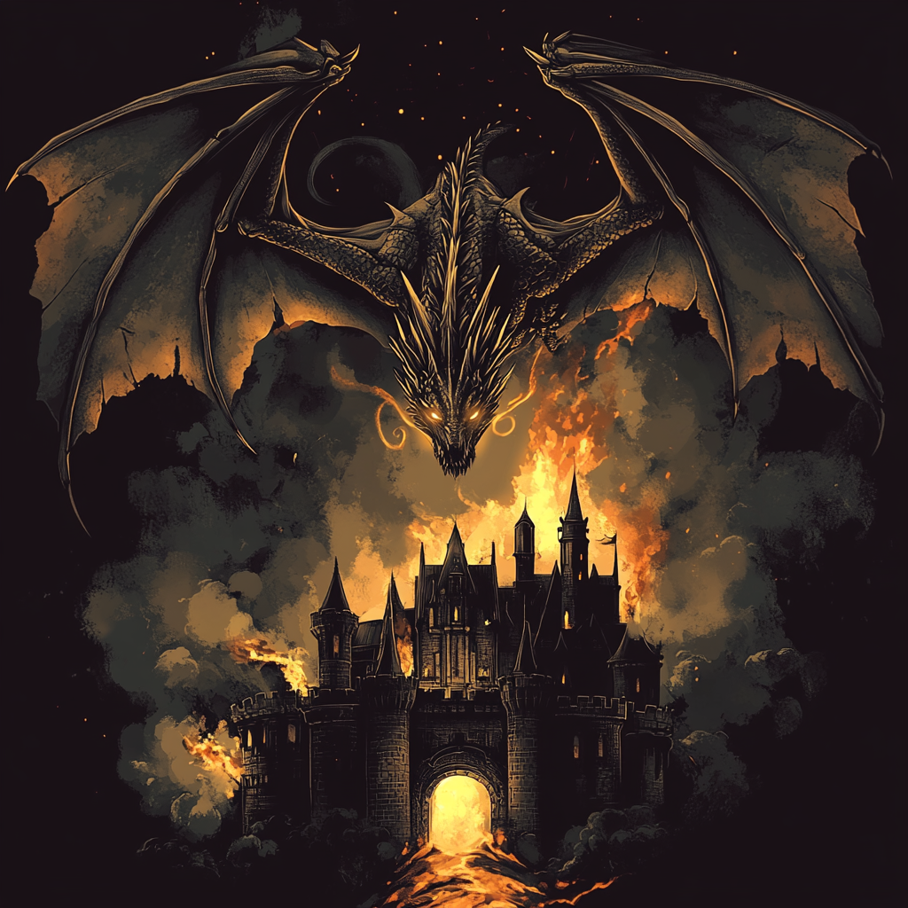 Detailed dragon flying over castle with glowing wings.