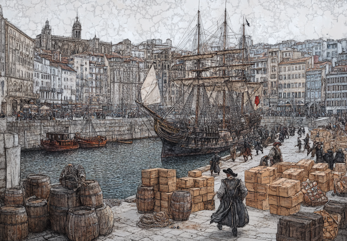 Detailed drawing of medieval Bilbao docks with pirates and workers.