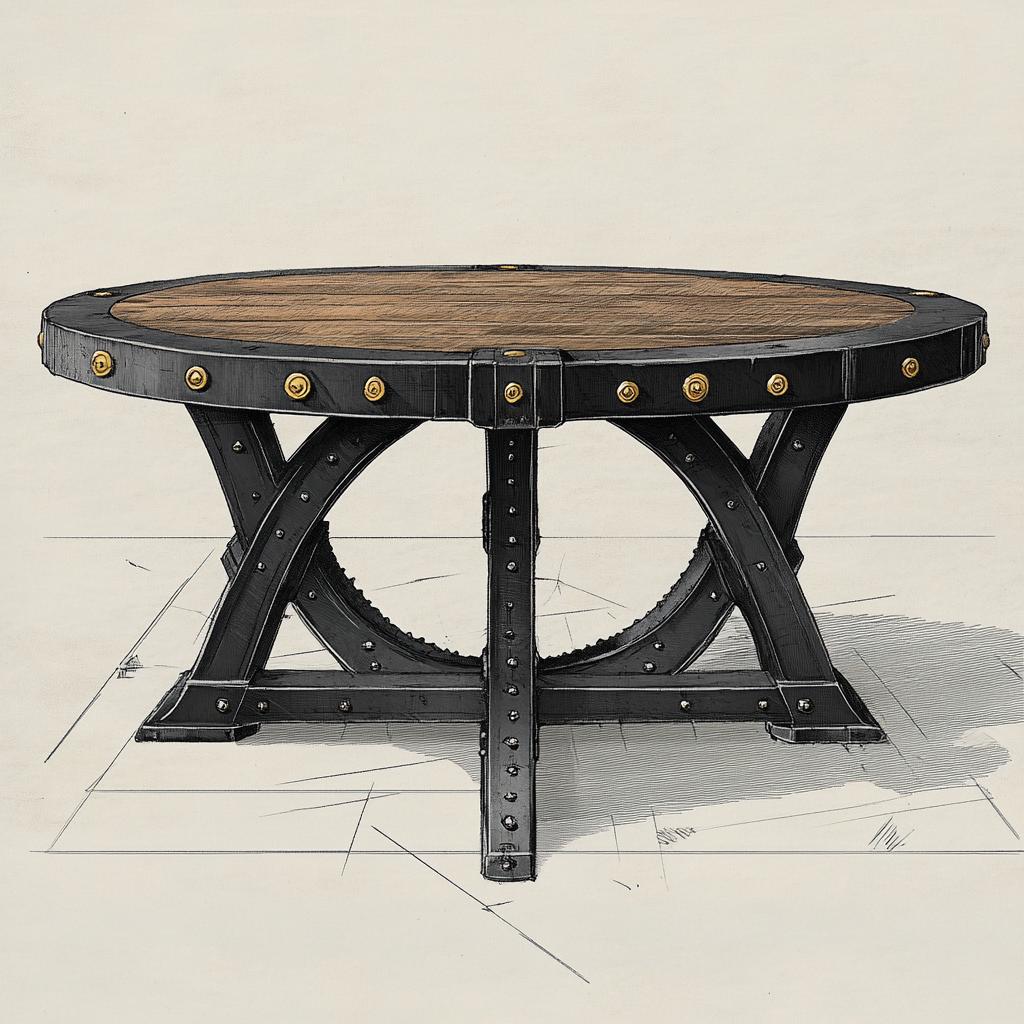 Detailed drawing of old industrial rounded dining table.